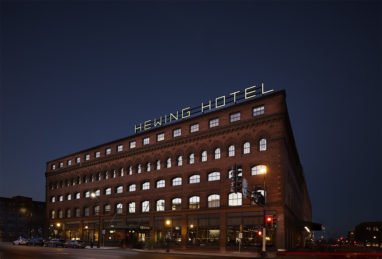 Hewing Hotel exterior at night